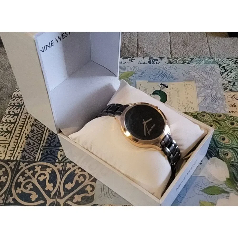 NIB~Women's NINE WEST Black Alloy Rose Gold Bezel Link Bracelet Watch~34MM